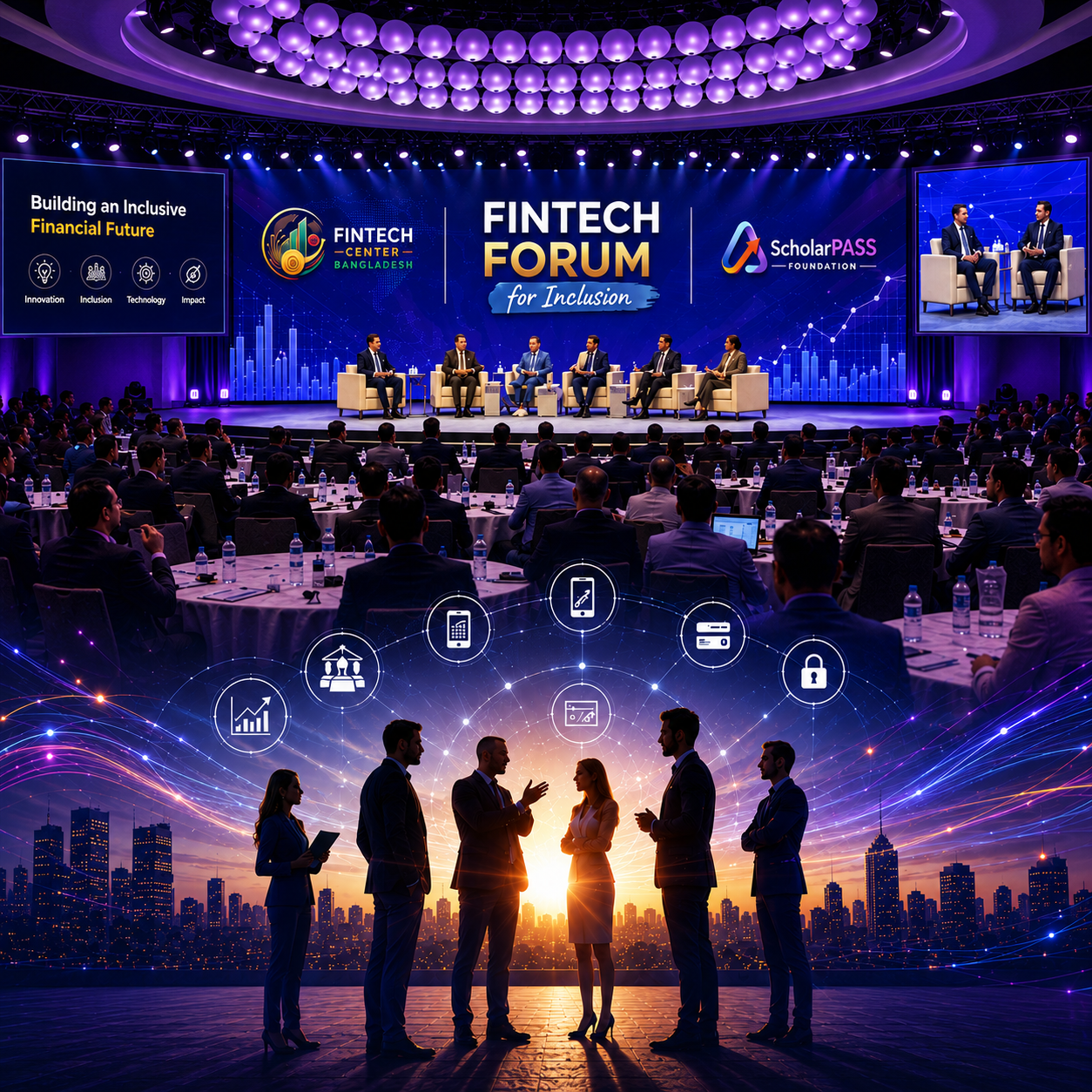 FinTech Forum for Inclusion — main stage panel session with speakers and packed audience